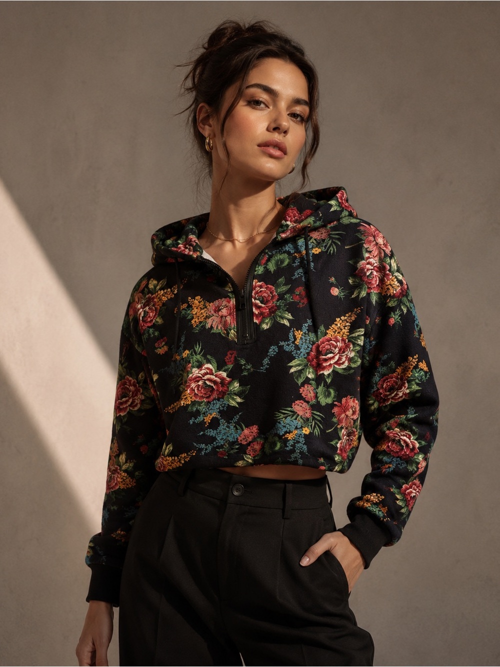 Alice + Olivia Floral Hoodie Half Zip Dark Botanical Streetwear size S